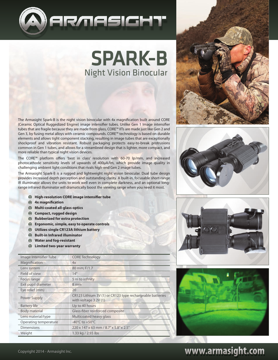 Armasight NSBSPARKB4CCIC1 Spark-B CORE 4x Night Vision Binocular User Manual | 1 page