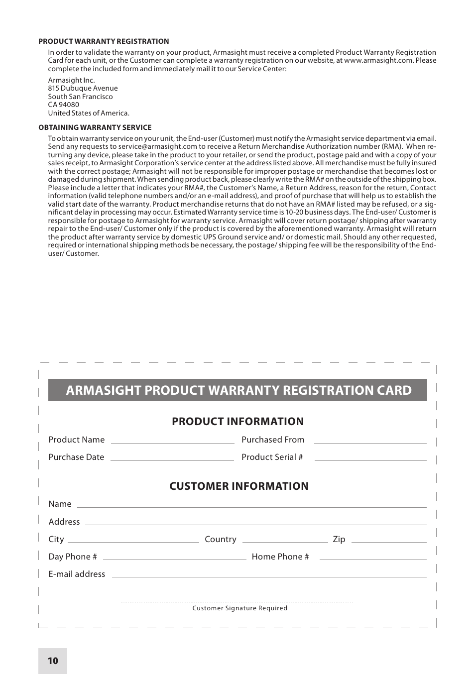 Armasight product warranty registration card, Product information customer information | Armasight NKBDASTRI511I11 Dark Strider GEN 1+ Night vision binoculars User Manual | Page 10 / 12