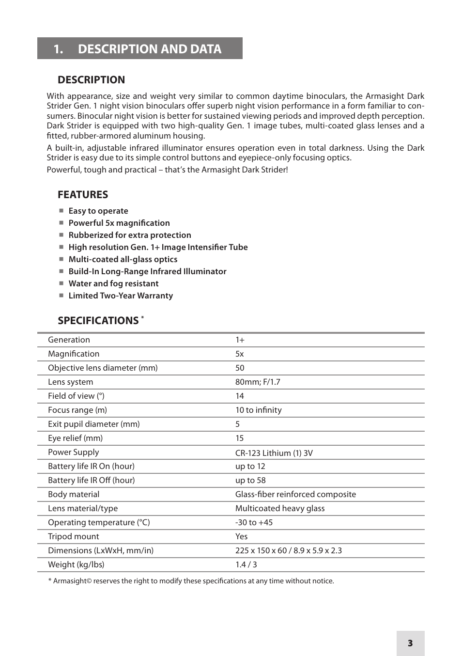 Armasight NKBDASTRI511I11 Dark Strider GEN 1+ Night vision binoculars User Manual | Page 3 / 12