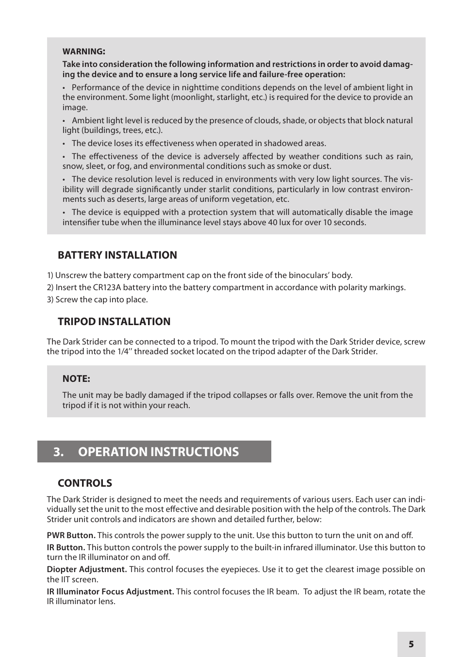 Operation instructions | Armasight NKBDASTRI511I11 Dark Strider GEN 1+ Night vision binoculars User Manual | Page 5 / 12