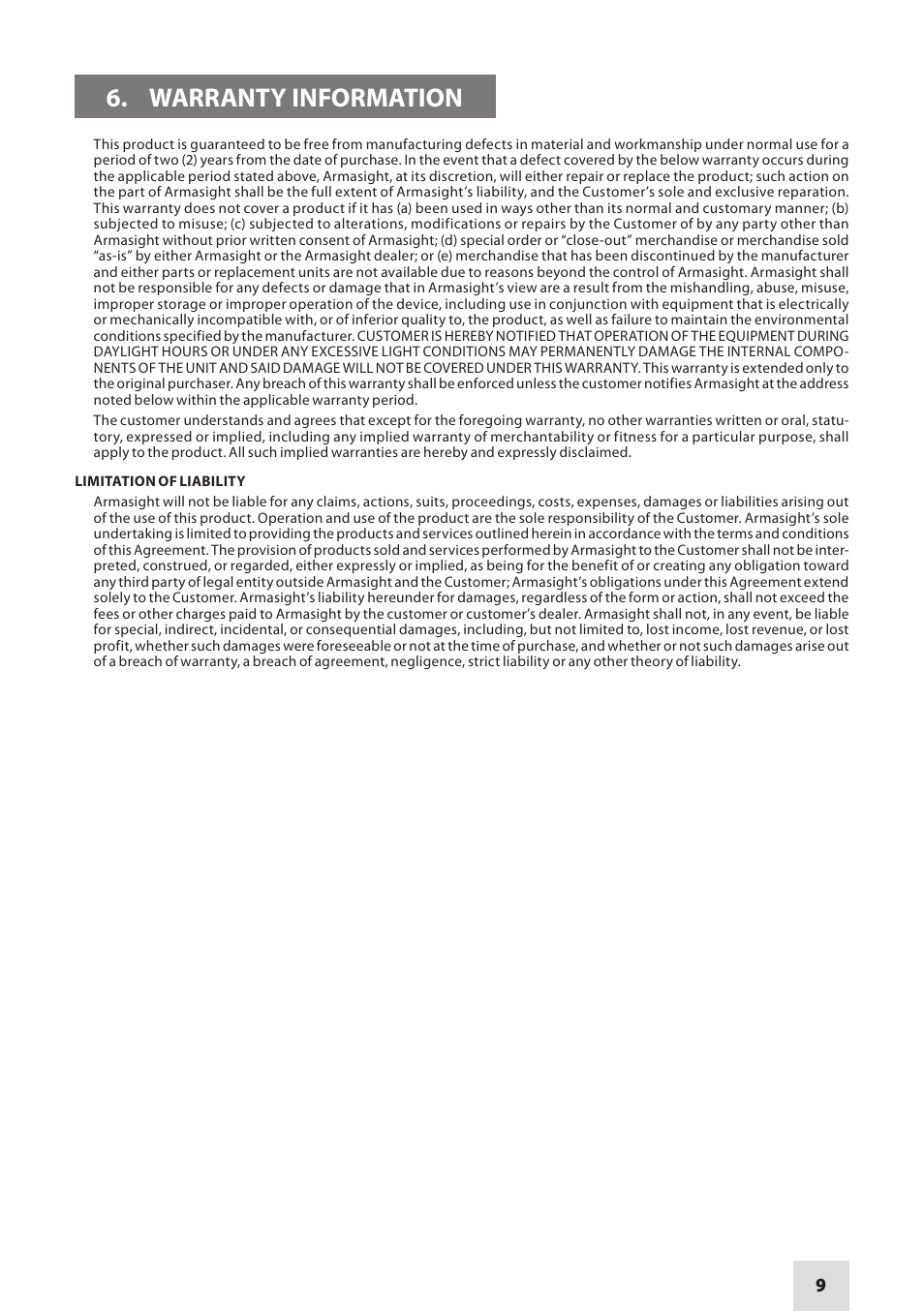 Warranty information | Armasight NKBDASTRI511I11 Dark Strider GEN 1+ Night vision binoculars User Manual | Page 9 / 12