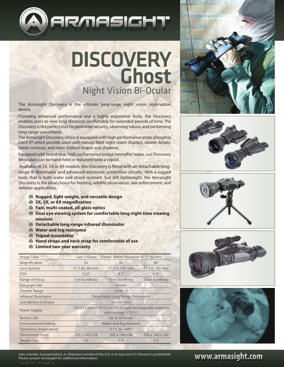 Armasight NSBDISCOV5GGDA1 Discovery5x GEN 3 Ghost Night vision binocular User Manual | 1 page