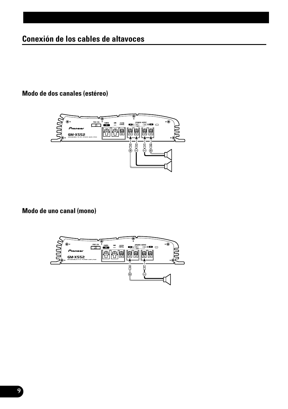 Conexión de los cables de altavoces, Conexión de la unidad | Pioneer GM-X552 User Manual | Page 22 / 76