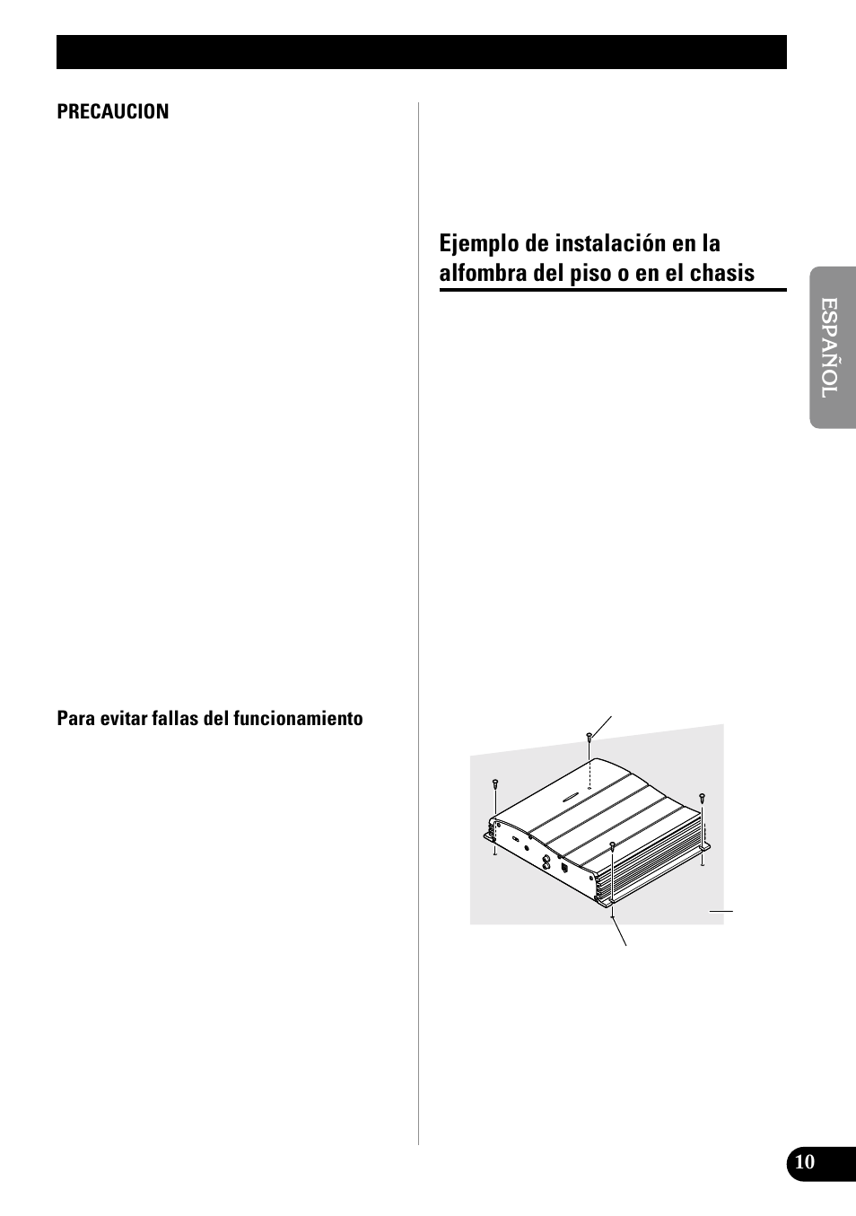 Instalación, Ejemplo de instalación en la alfombra, Del piso o en el chasis | Pioneer GM-X552 User Manual | Page 23 / 76