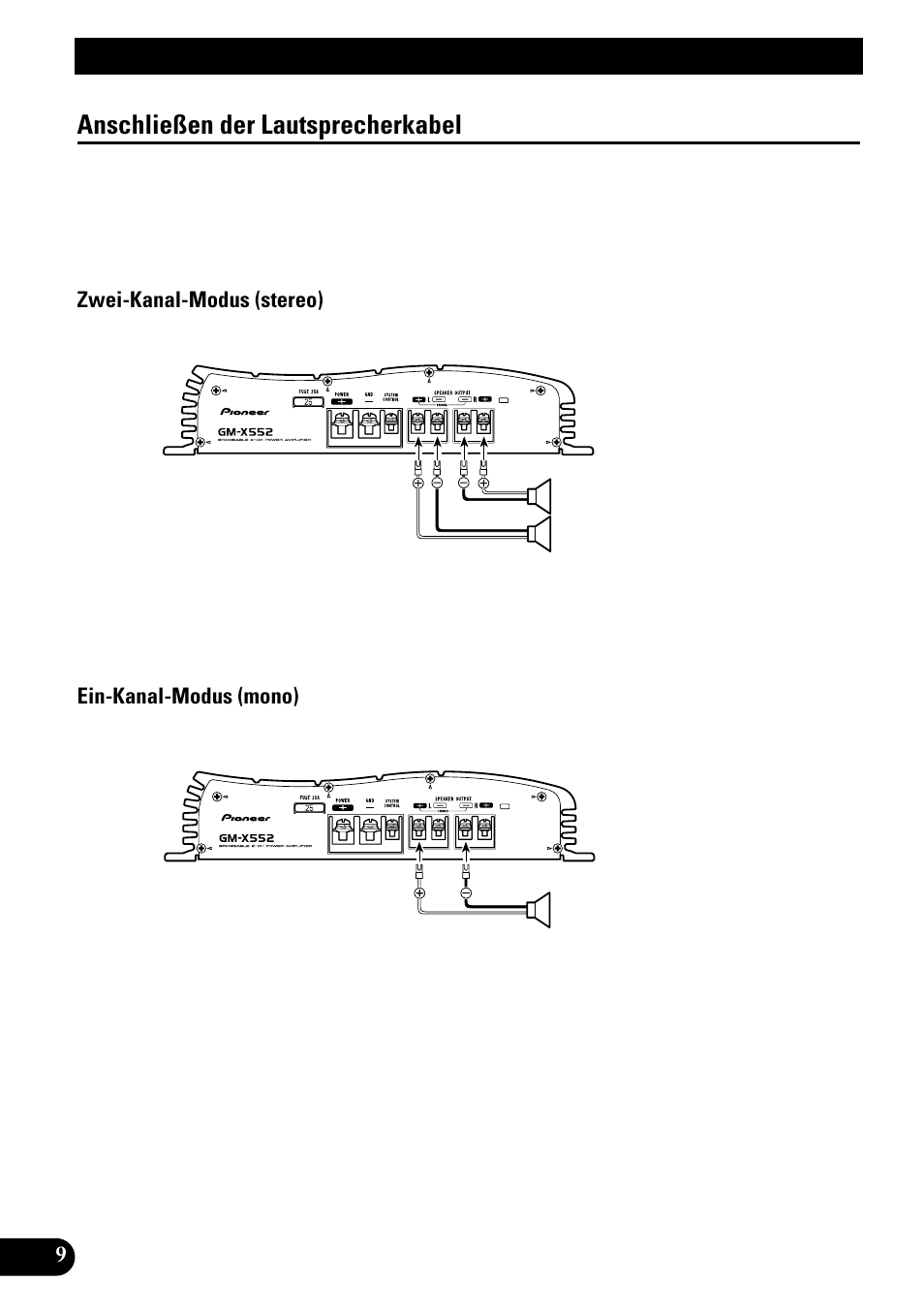 Anschließen der lautsprecherkabel, Anschluß der einheit | Pioneer GM-X552 User Manual | Page 34 / 76