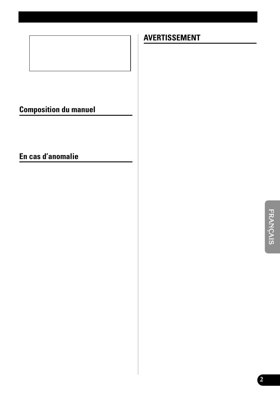 Untitled, Avant d’utiliser cet appareil, Composition du manuel | En cas d’anomalie, Avertissement | Pioneer GM-X552 User Manual | Page 39 / 76