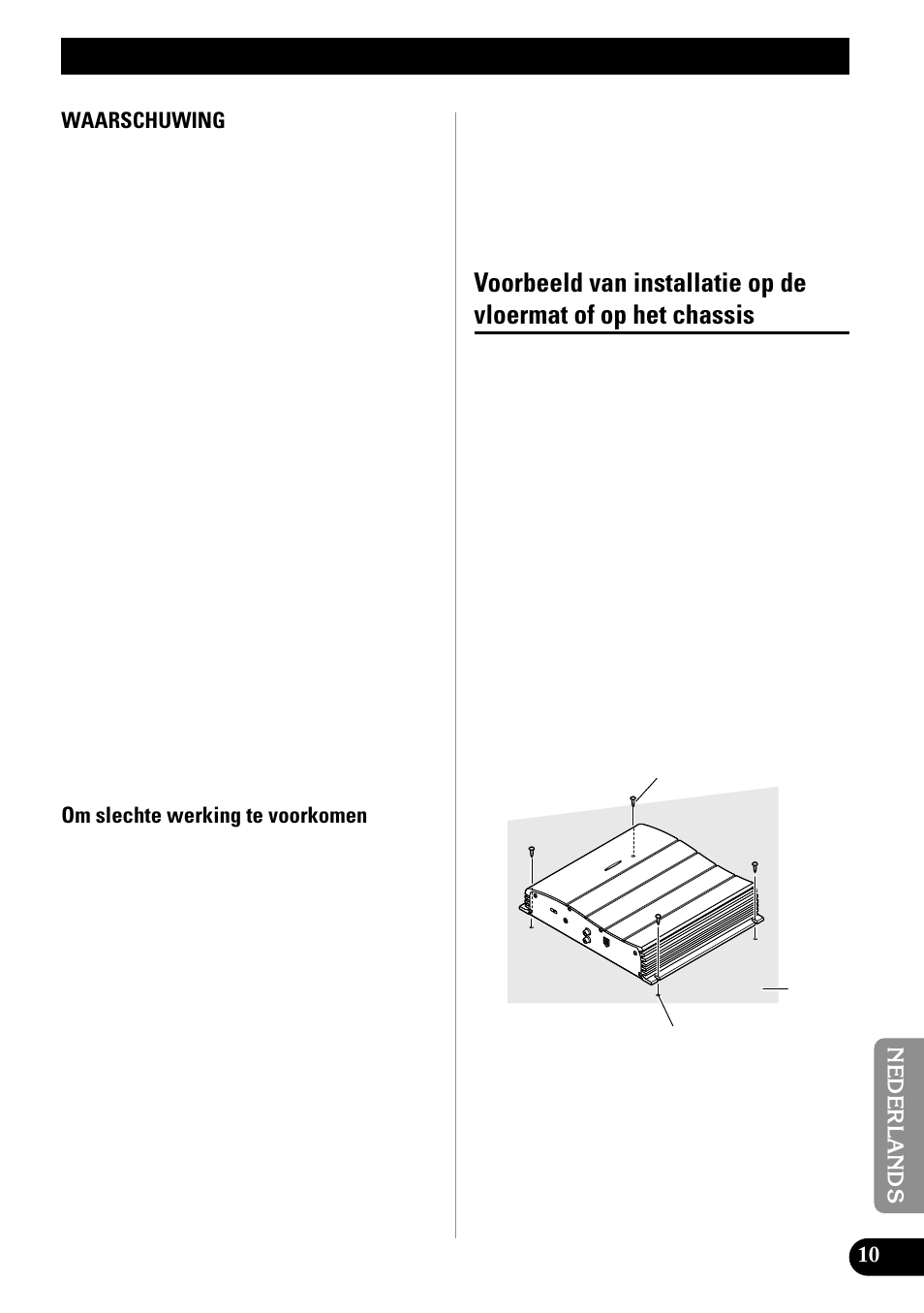 Installatie, Voorbeeld van installatie op de vloermat of, Op het chassis | Pioneer GM-X552 User Manual | Page 71 / 76