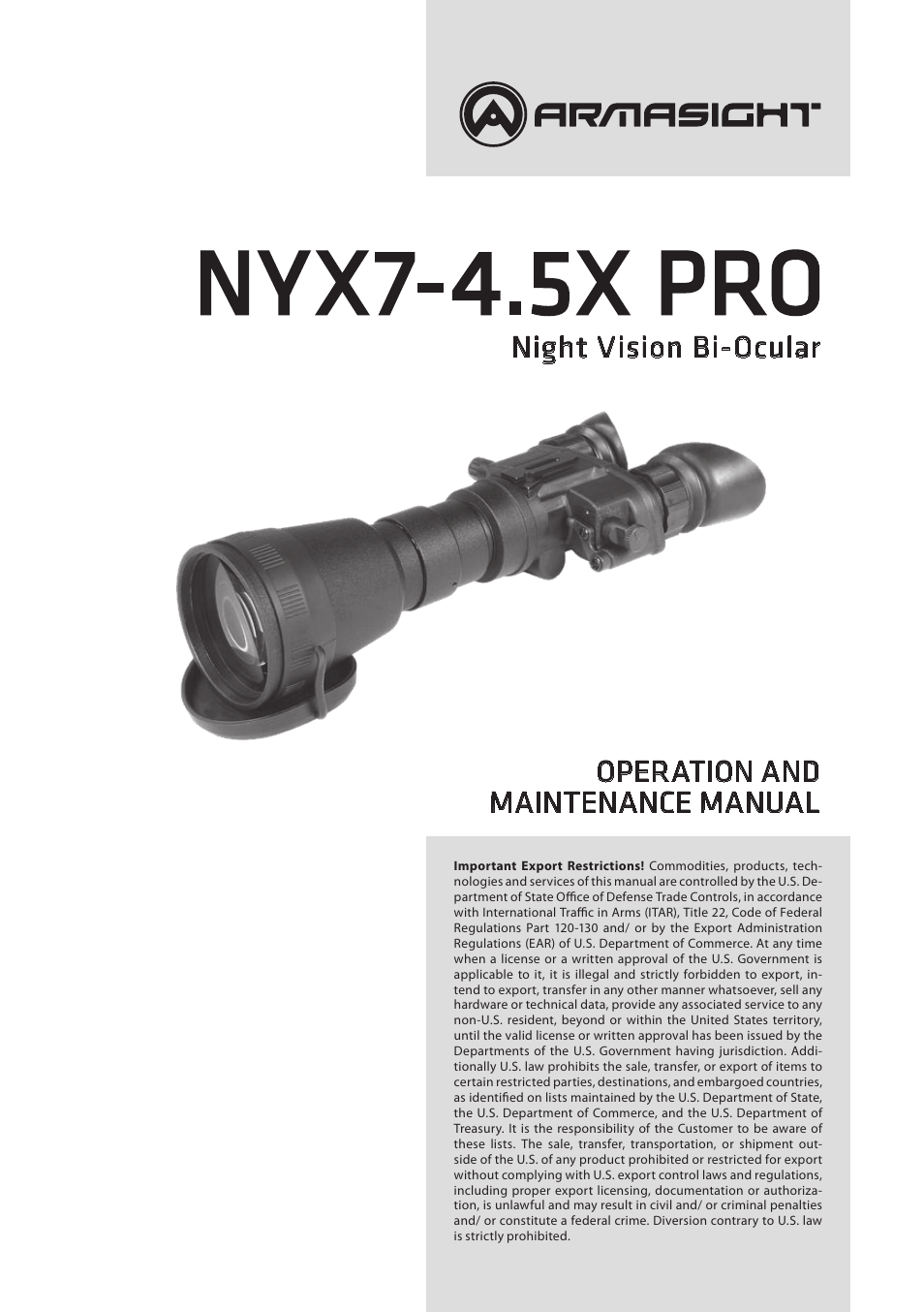 Armasight NYX-7 PRO 4.5x GEN 2+ ID Night Vision Bi-Ocular User Manual | 32 pages
