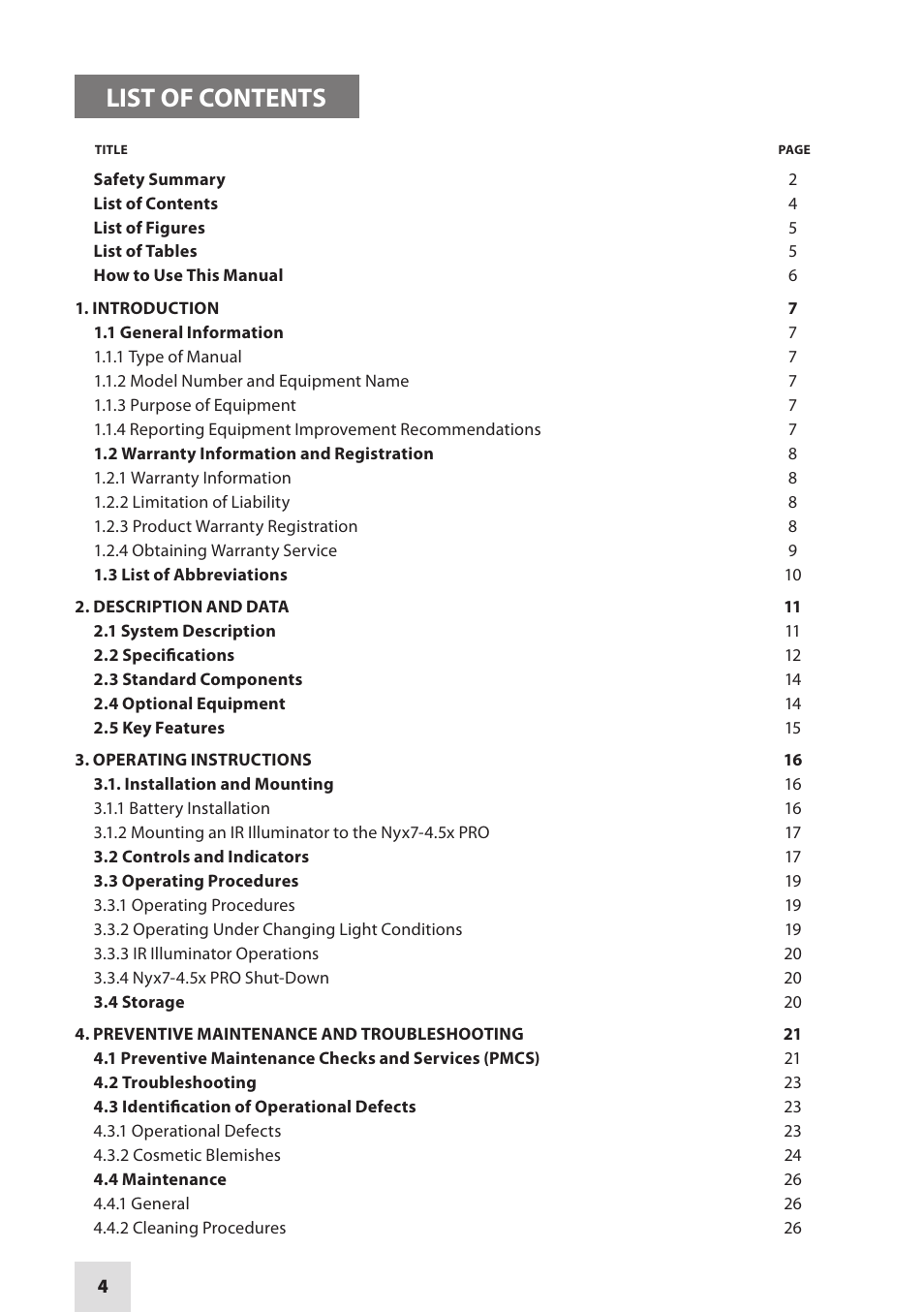 List of contents | Armasight NYX-7 PRO 4.5x GEN 2+ ID Night Vision Bi-Ocular User Manual | Page 4 / 32