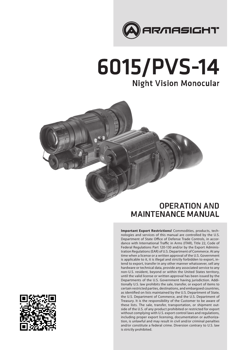 Armasight NAMPVS1401F9DA1 PVS14 FLAG MG Multi-Purpose Night Vision Monocular User Manual | 56 pages