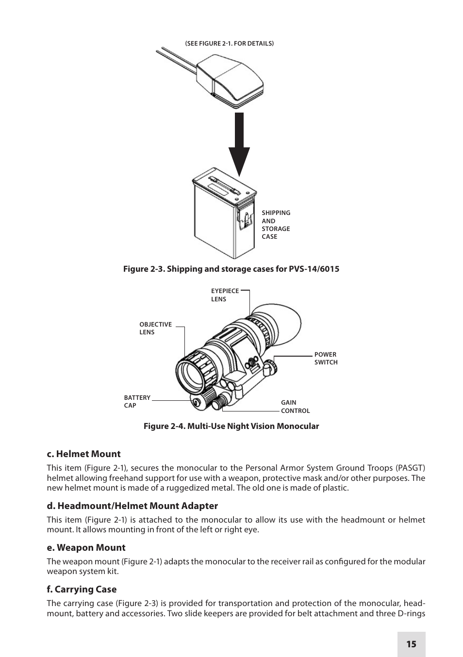 15 c. helmet mount, D. headmount/helmet mount adapter, E. weapon mount | F. carrying case | Armasight NAMPVS1401F9DA1 PVS14 FLAG MG Multi-Purpose Night Vision Monocular User Manual | Page 15 / 56