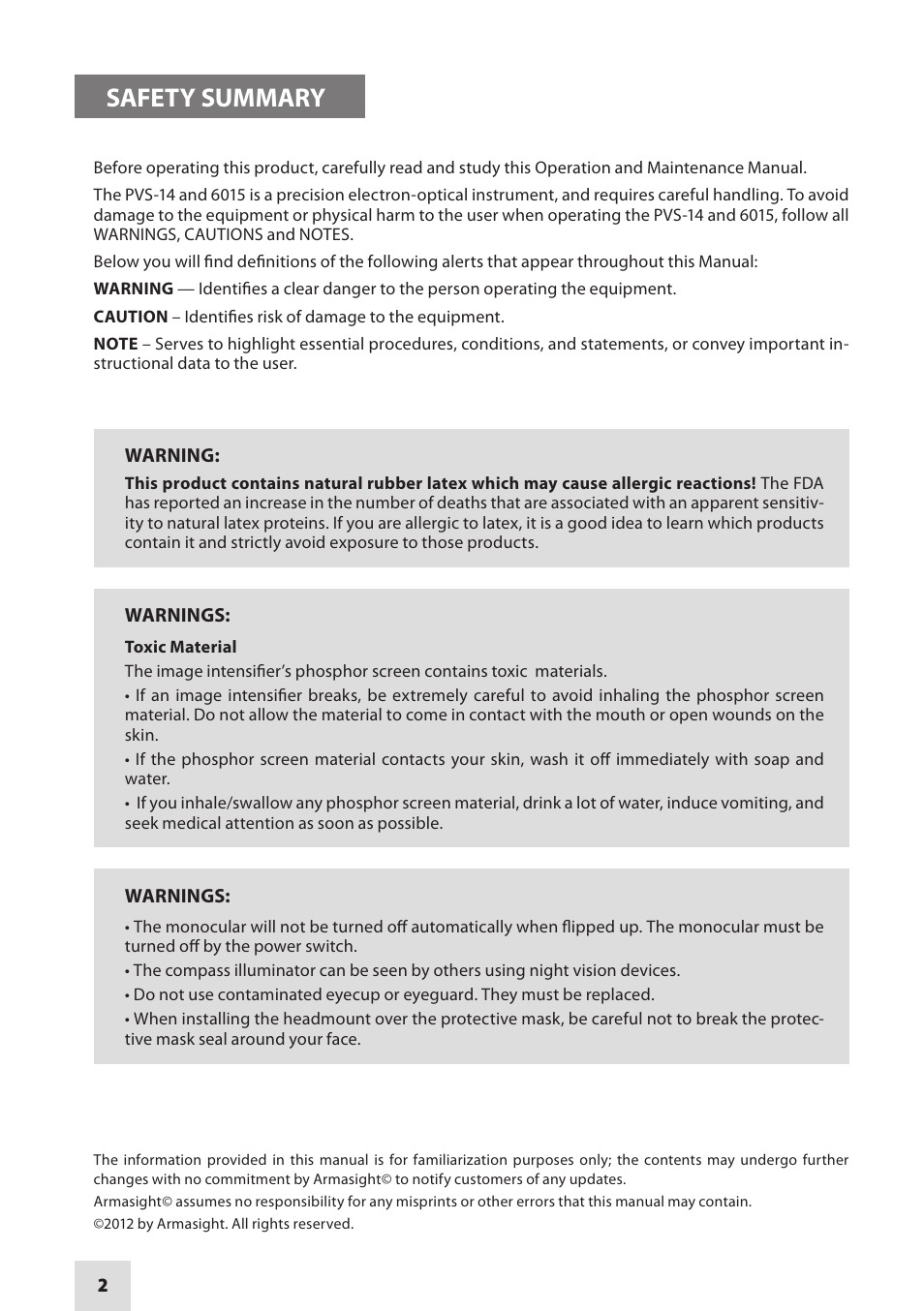 Safety summary | Armasight NAMPVS1401F9DA1 PVS14 FLAG MG Multi-Purpose Night Vision Monocular User Manual | Page 2 / 56
