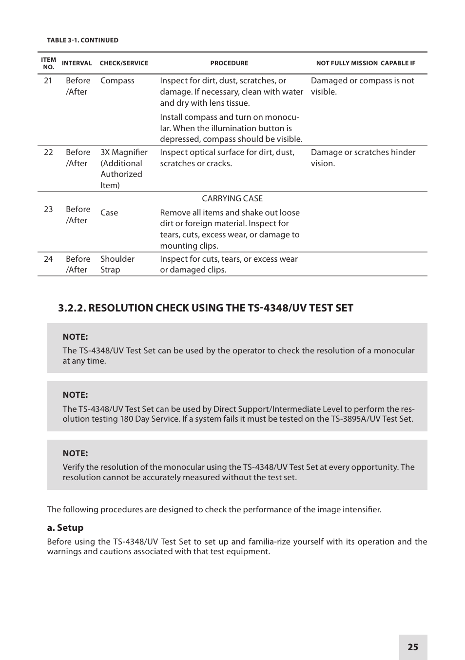 Resolution check using the ts-4348/uv test set | Armasight NAMPVS1401F9DA1 PVS14 FLAG MG Multi-Purpose Night Vision Monocular User Manual | Page 25 / 56