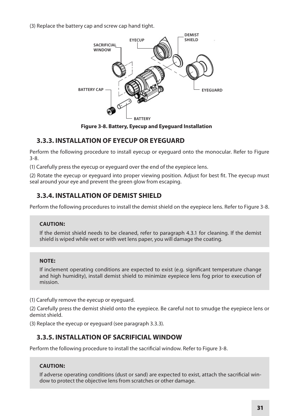 Installation of eyecup or eyeguard, Installation of demist shield, Installation of sacrificial window | Armasight NAMPVS1401F9DA1 PVS14 FLAG MG Multi-Purpose Night Vision Monocular User Manual | Page 31 / 56