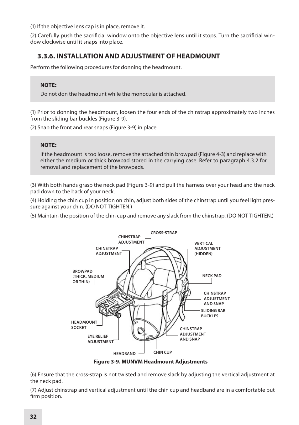 Installation and adjustment of headmount | Armasight NAMPVS1401F9DA1 PVS14 FLAG MG Multi-Purpose Night Vision Monocular User Manual | Page 32 / 56