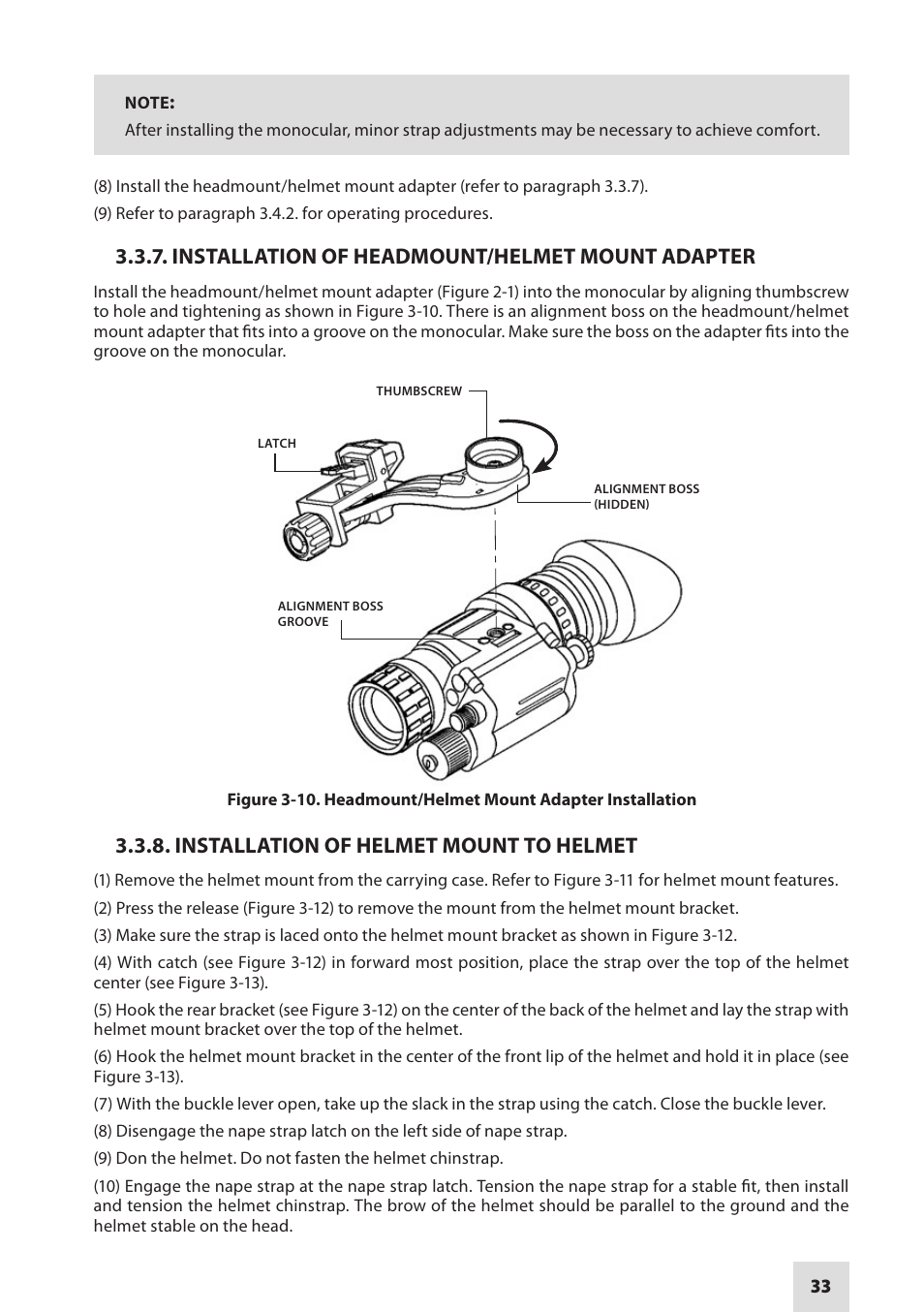 Installation of headmount/helmet mount adapter, Installation of helmet mount to helmet | Armasight NAMPVS1401F9DA1 PVS14 FLAG MG Multi-Purpose Night Vision Monocular User Manual | Page 33 / 56