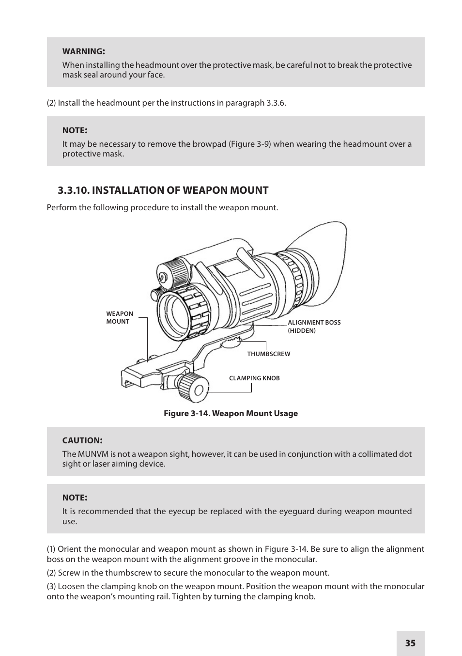Installation of weapon mount | Armasight NAMPVS1401F9DA1 PVS14 FLAG MG Multi-Purpose Night Vision Monocular User Manual | Page 35 / 56