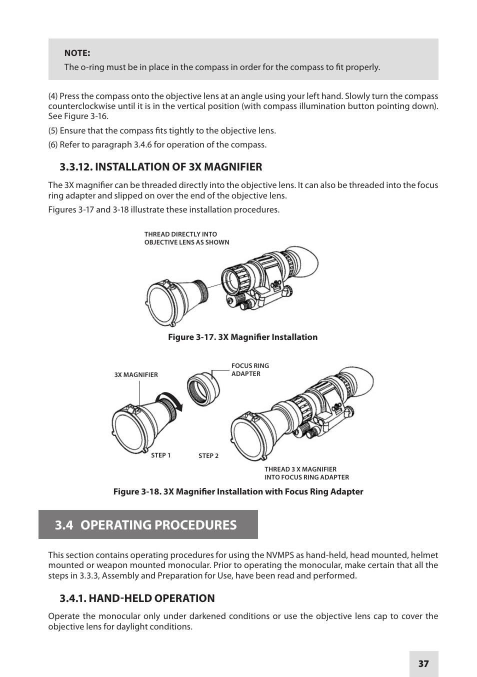 4 operating procedures, Installation of 3x magnifier, Hand-held operation | Armasight NAMPVS1401F9DA1 PVS14 FLAG MG Multi-Purpose Night Vision Monocular User Manual | Page 37 / 56