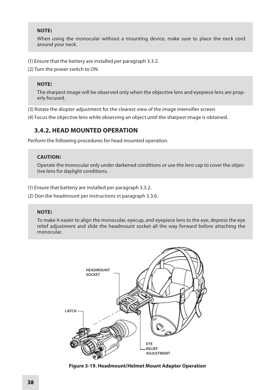 Head mounted operation | Armasight NAMPVS1401F9DA1 PVS14 FLAG MG Multi-Purpose Night Vision Monocular User Manual | Page 38 / 56