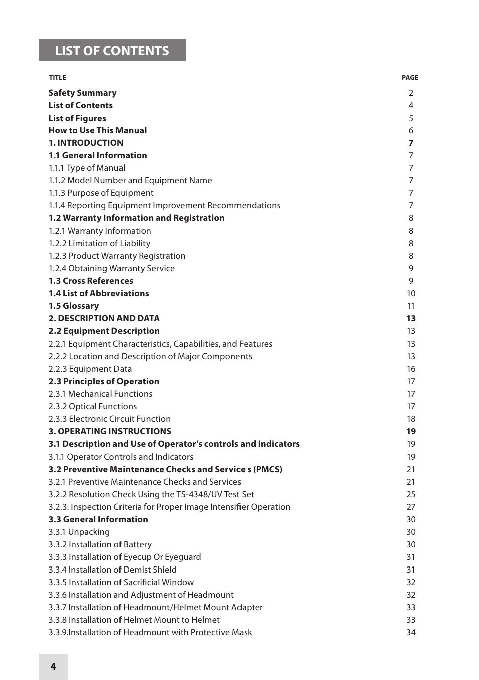 List of contents | Armasight NAMPVS1401F9DA1 PVS14 FLAG MG Multi-Purpose Night Vision Monocular User Manual | Page 4 / 56