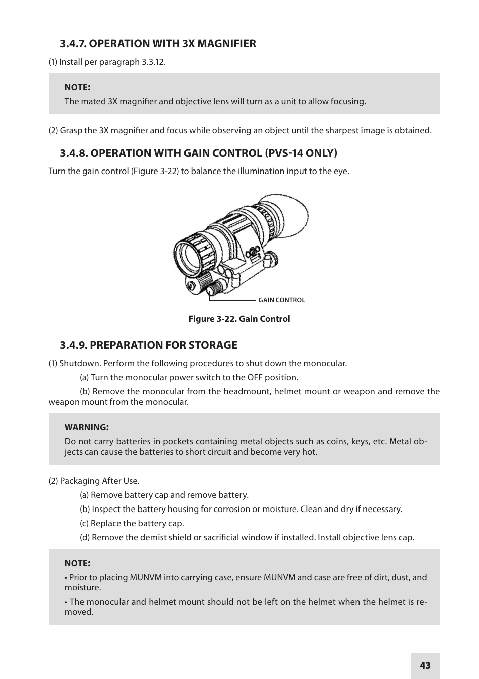 Operation with 3x magnifier, Operation with gain control (pvs-14 only), Preparation for storage | Armasight NAMPVS1401F9DA1 PVS14 FLAG MG Multi-Purpose Night Vision Monocular User Manual | Page 43 / 56