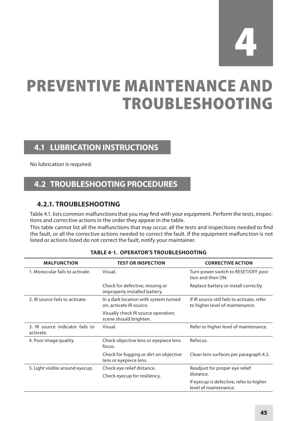 Preventive maintenance and troubleshooting, 1 lubrication instructions, 2 troubleshooting procedures | Armasight NAMPVS1401F9DA1 PVS14 FLAG MG Multi-Purpose Night Vision Monocular User Manual | Page 45 / 56