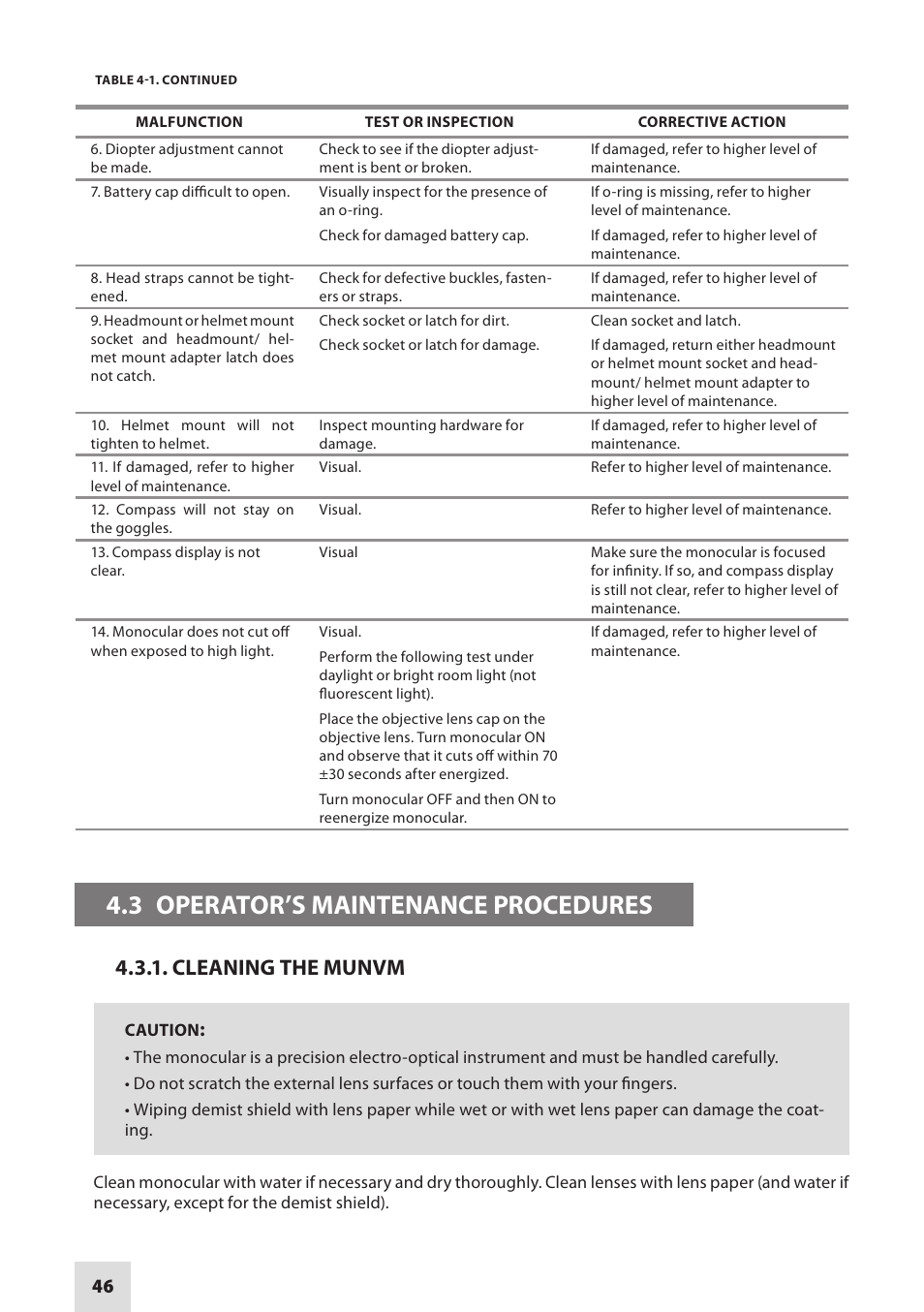 3 operator’s maintenance procedures, Cleaning the munvm | Armasight NAMPVS1401F9DA1 PVS14 FLAG MG Multi-Purpose Night Vision Monocular User Manual | Page 46 / 56