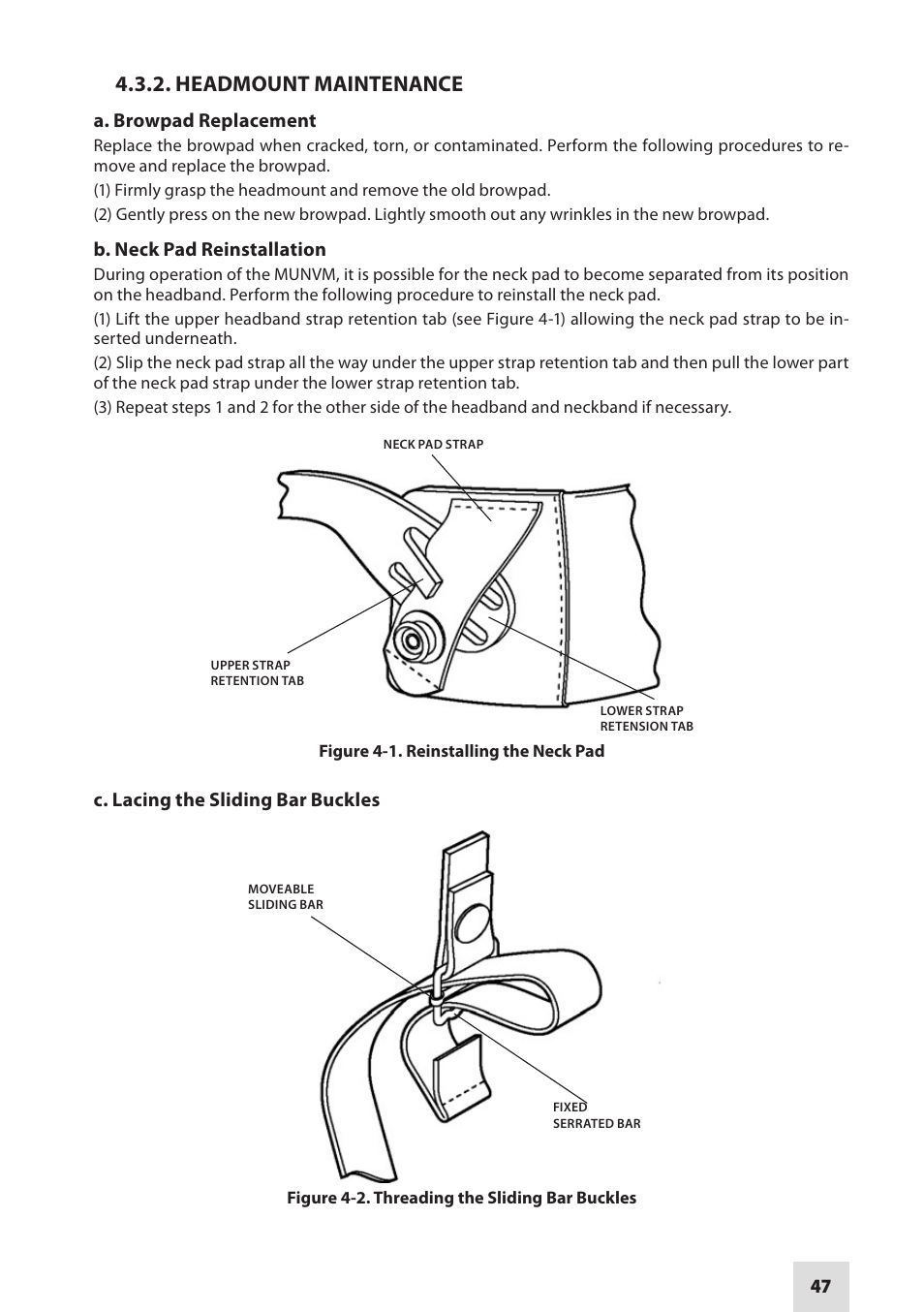 Headmount maintenance, A. browpad replacement, B. neck pad reinstallation | C. lacing the sliding bar buckles | Armasight NAMPVS1401F9DA1 PVS14 FLAG MG Multi-Purpose Night Vision Monocular User Manual | Page 47 / 56