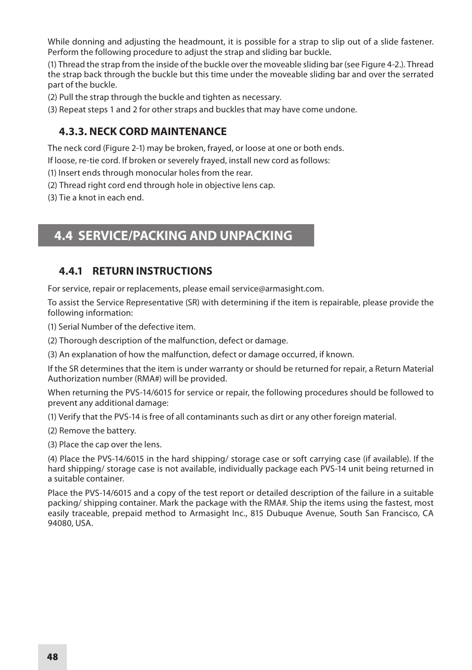 4 service/packing and unpacking | Armasight NAMPVS1401F9DA1 PVS14 FLAG MG Multi-Purpose Night Vision Monocular User Manual | Page 48 / 56