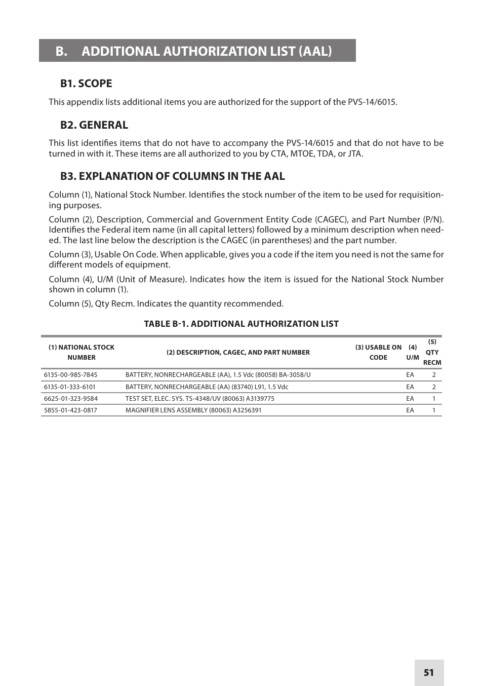 B. additional authorization list (aal), B1. scope, B2. general | B3. explanation of columns in the aal | Armasight NAMPVS1401F9DA1 PVS14 FLAG MG Multi-Purpose Night Vision Monocular User Manual | Page 51 / 56