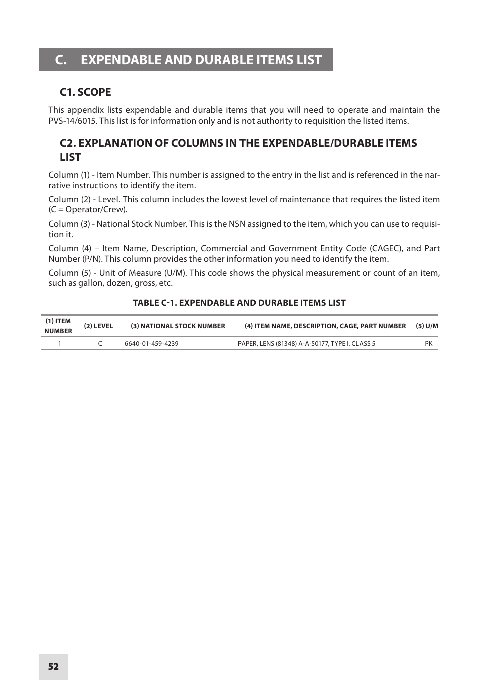 C. expendable and durable items list, C1. scope | Armasight NAMPVS1401F9DA1 PVS14 FLAG MG Multi-Purpose Night Vision Monocular User Manual | Page 52 / 56