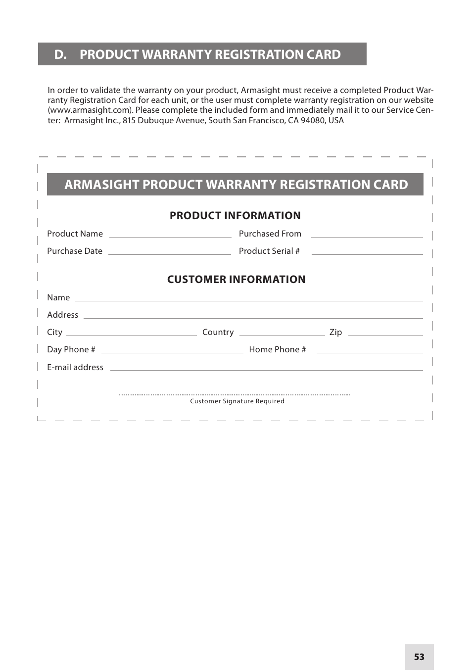 D. product warranty registration card, Armasight product warranty registration card | Armasight NAMPVS1401F9DA1 PVS14 FLAG MG Multi-Purpose Night Vision Monocular User Manual | Page 53 / 56