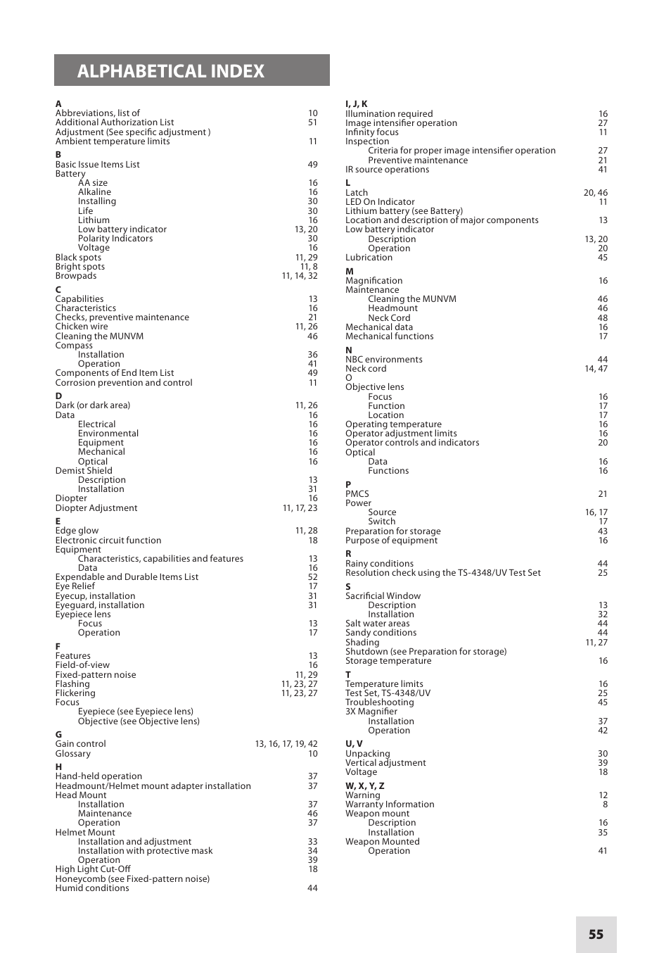 Alphabetical index | Armasight NAMPVS1401F9DA1 PVS14 FLAG MG Multi-Purpose Night Vision Monocular User Manual | Page 55 / 56