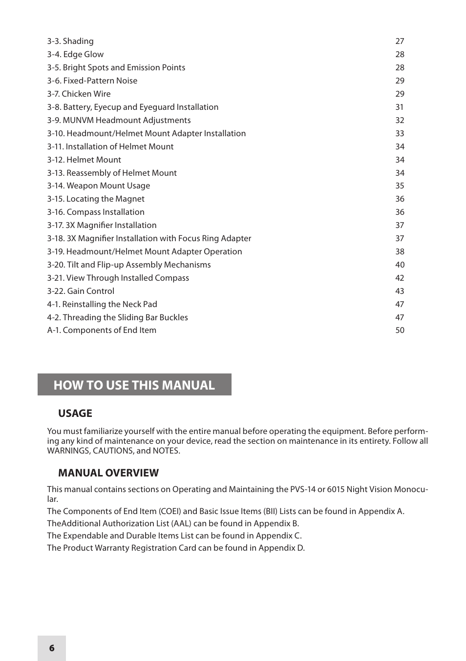 How to use this manual, Usage, Manual overview | Armasight NAMPVS1401F9DA1 PVS14 FLAG MG Multi-Purpose Night Vision Monocular User Manual | Page 6 / 56