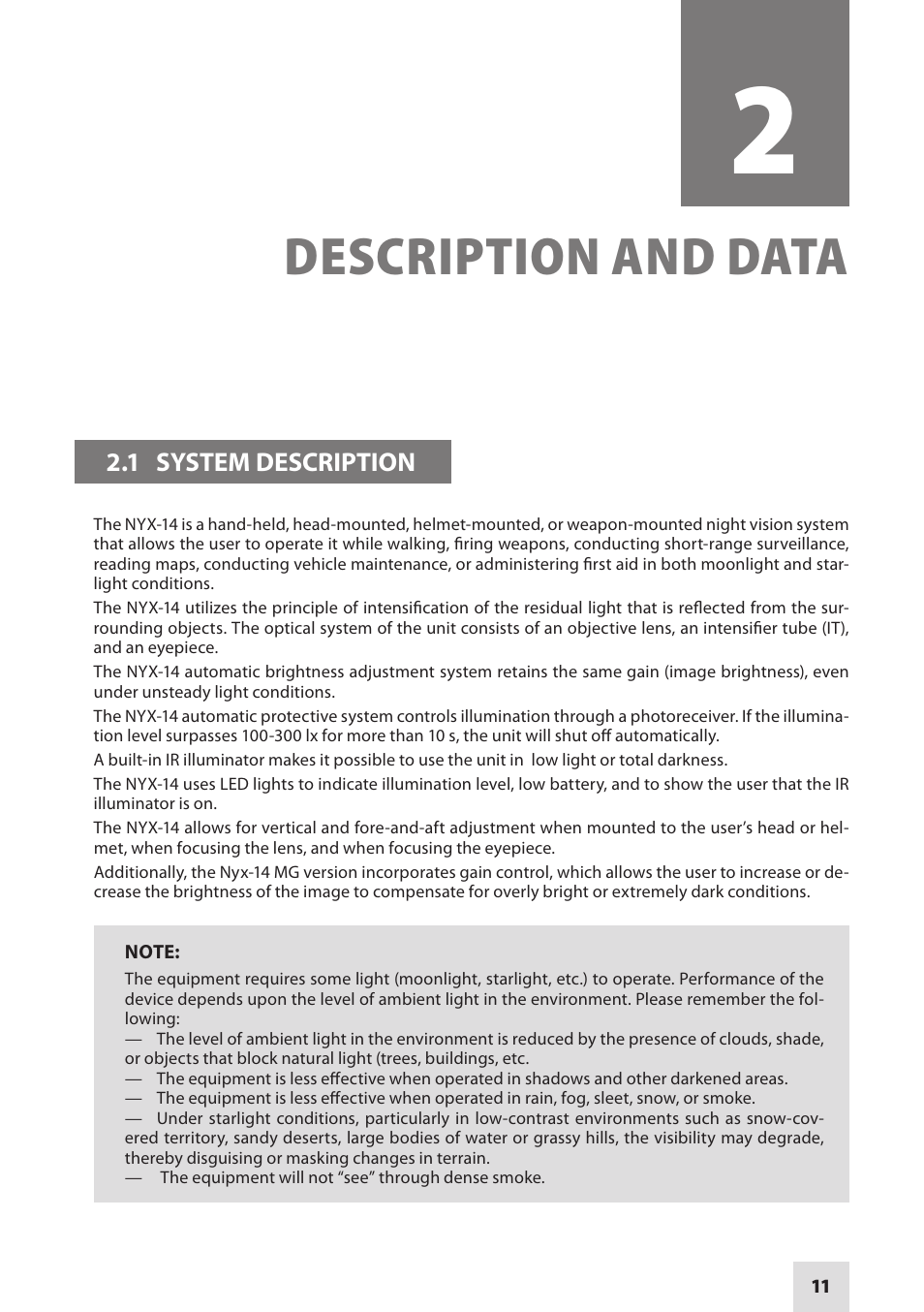 Description and data | Armasight NSMNYX1401F9DA1 NYX-14 FLAG MG Multi-Purpose Night Vision Monocular User Manual | Page 11 / 44