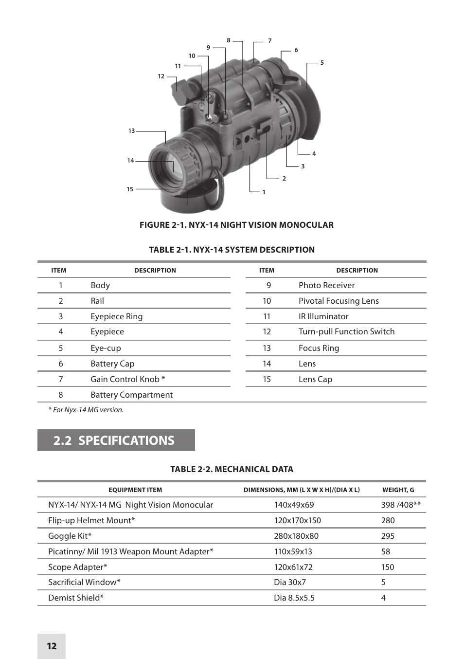 2 specifications | Armasight NSMNYX1401F9DA1 NYX-14 FLAG MG Multi-Purpose Night Vision Monocular User Manual | Page 12 / 44