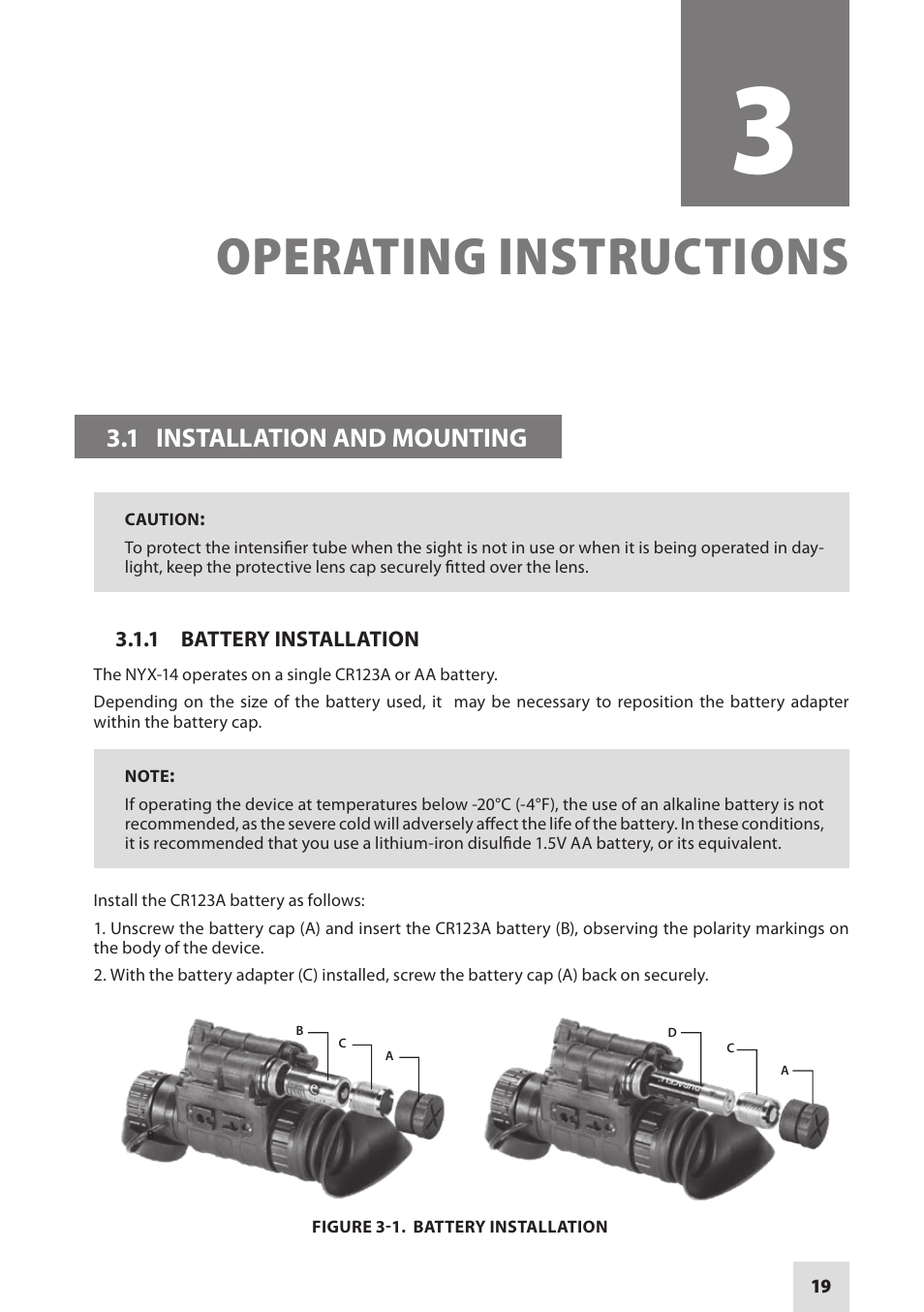 Operating instructions, 1 installation and mounting | Armasight NSMNYX1401F9DA1 NYX-14 FLAG MG Multi-Purpose Night Vision Monocular User Manual | Page 19 / 44