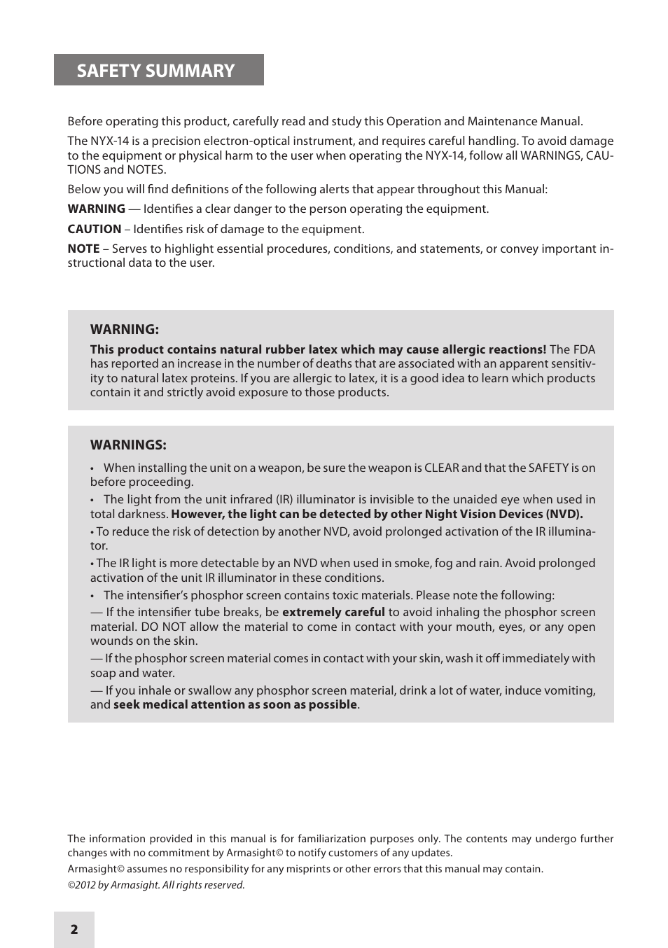 Safety summary | Armasight NSMNYX1401F9DA1 NYX-14 FLAG MG Multi-Purpose Night Vision Monocular User Manual | Page 2 / 44