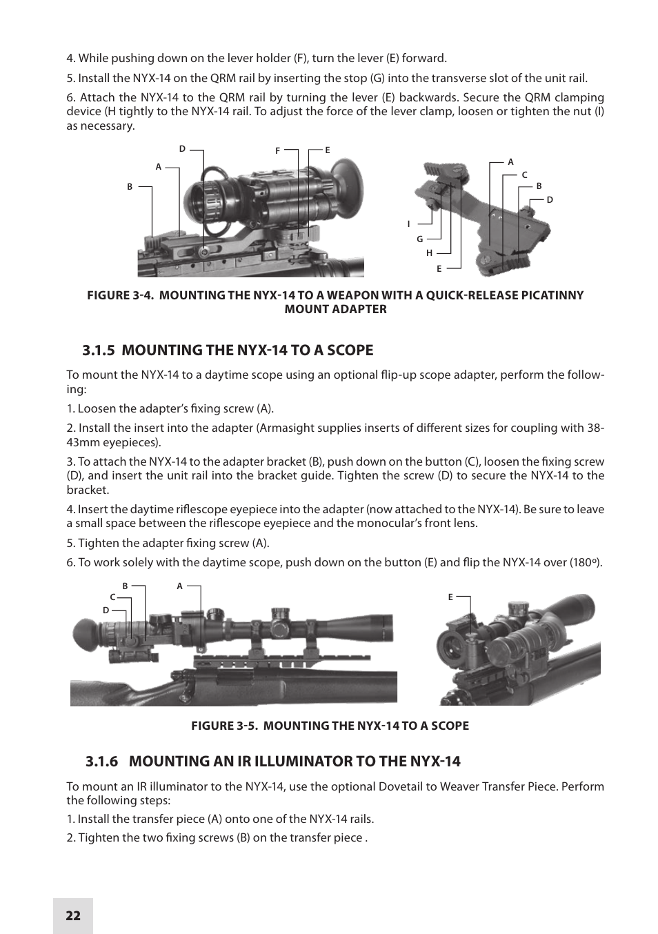 5 mounting the nyx-14 to a scope, 6 mounting an ir illuminator to the nyx-14 | Armasight NSMNYX1401F9DA1 NYX-14 FLAG MG Multi-Purpose Night Vision Monocular User Manual | Page 22 / 44