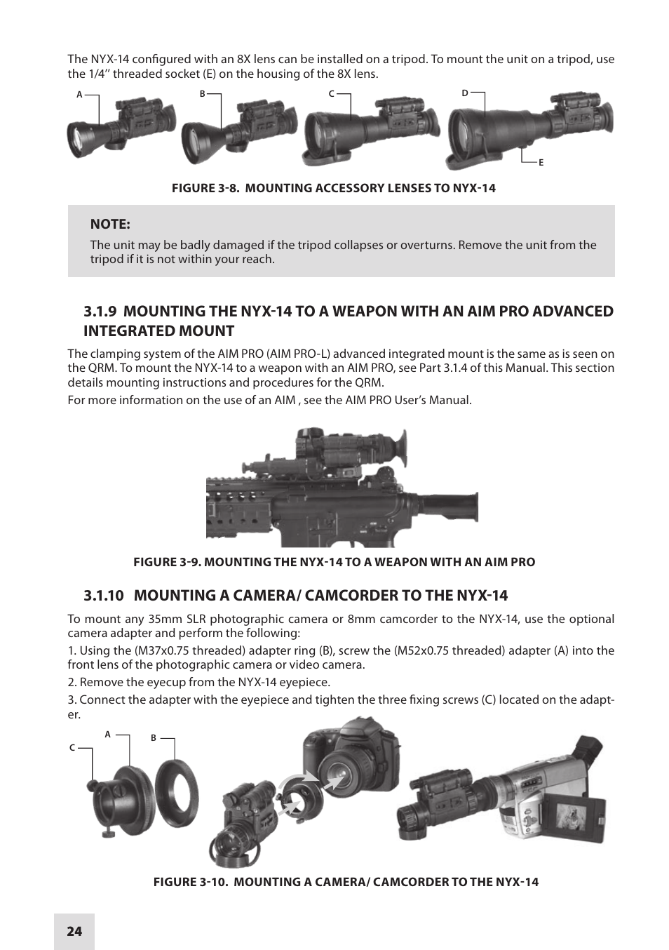 10 mounting a camera/ camcorder to the nyx-14 | Armasight NSMNYX1401F9DA1 NYX-14 FLAG MG Multi-Purpose Night Vision Monocular User Manual | Page 24 / 44