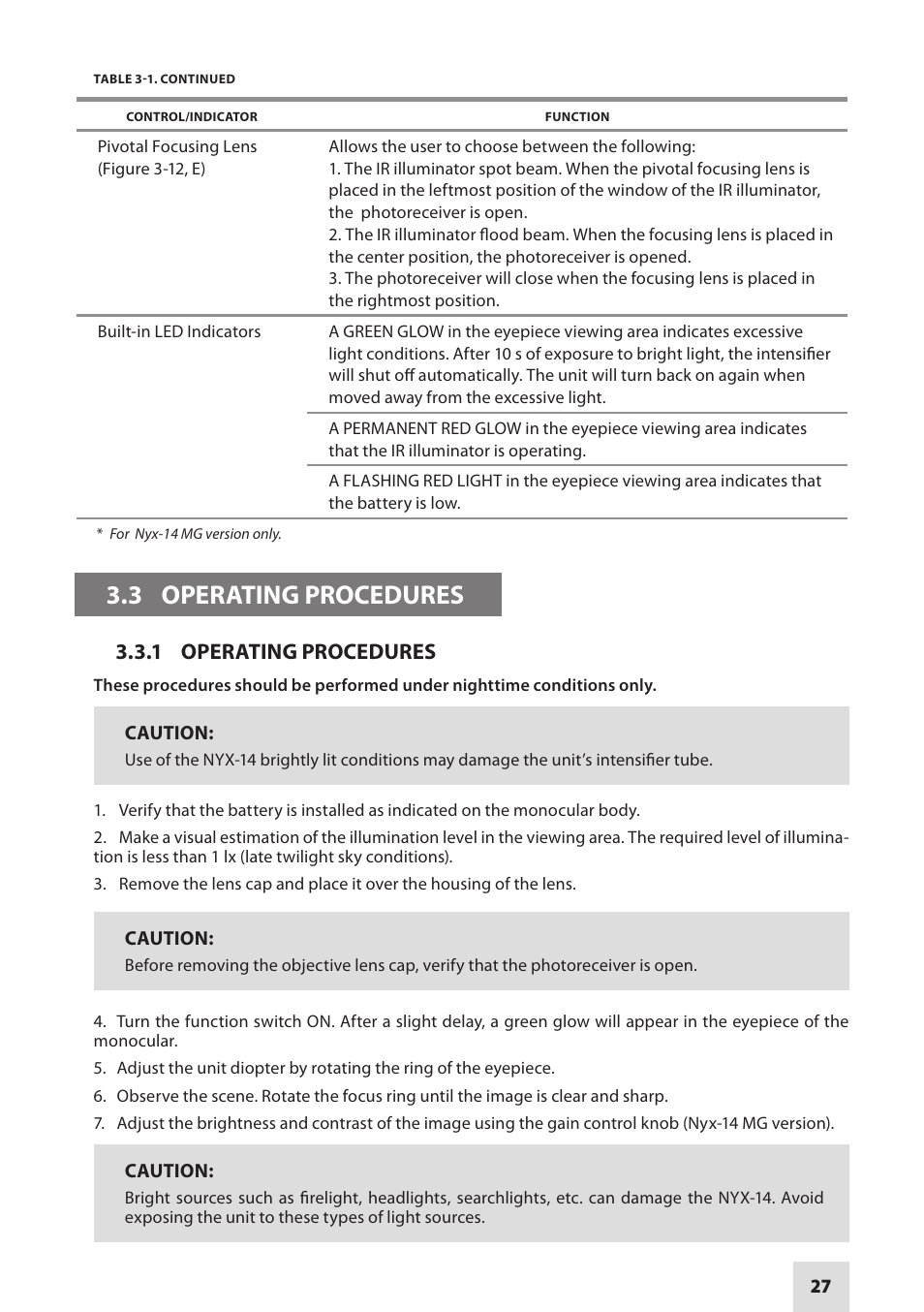 3 operating procedures, 1 operating procedures | Armasight NSMNYX1401F9DA1 NYX-14 FLAG MG Multi-Purpose Night Vision Monocular User Manual | Page 27 / 44