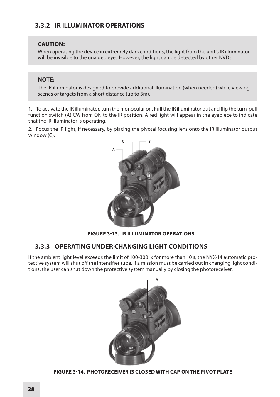 2 ir illuminator operations, 3 operating under changing light conditions | Armasight NSMNYX1401F9DA1 NYX-14 FLAG MG Multi-Purpose Night Vision Monocular User Manual | Page 28 / 44