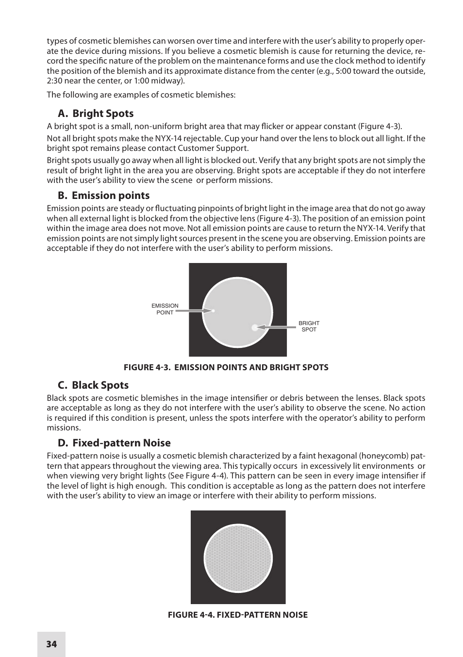 A. bright spots, B. emission points, C. black spots | D. fixed-pattern noise | Armasight NSMNYX1401F9DA1 NYX-14 FLAG MG Multi-Purpose Night Vision Monocular User Manual | Page 34 / 44