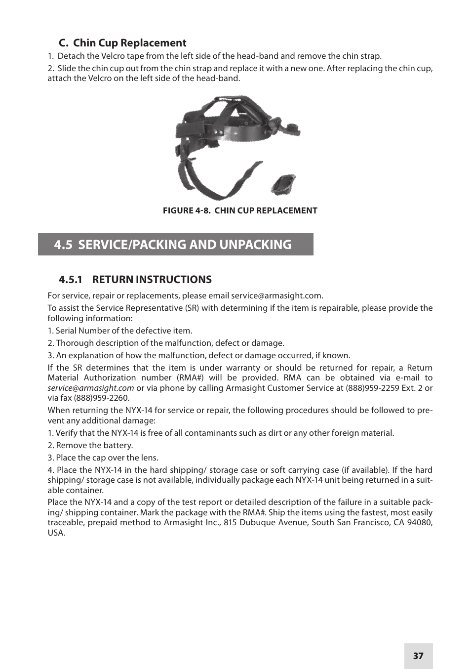 5 service/packing and unpacking | Armasight NSMNYX1401F9DA1 NYX-14 FLAG MG Multi-Purpose Night Vision Monocular User Manual | Page 37 / 44