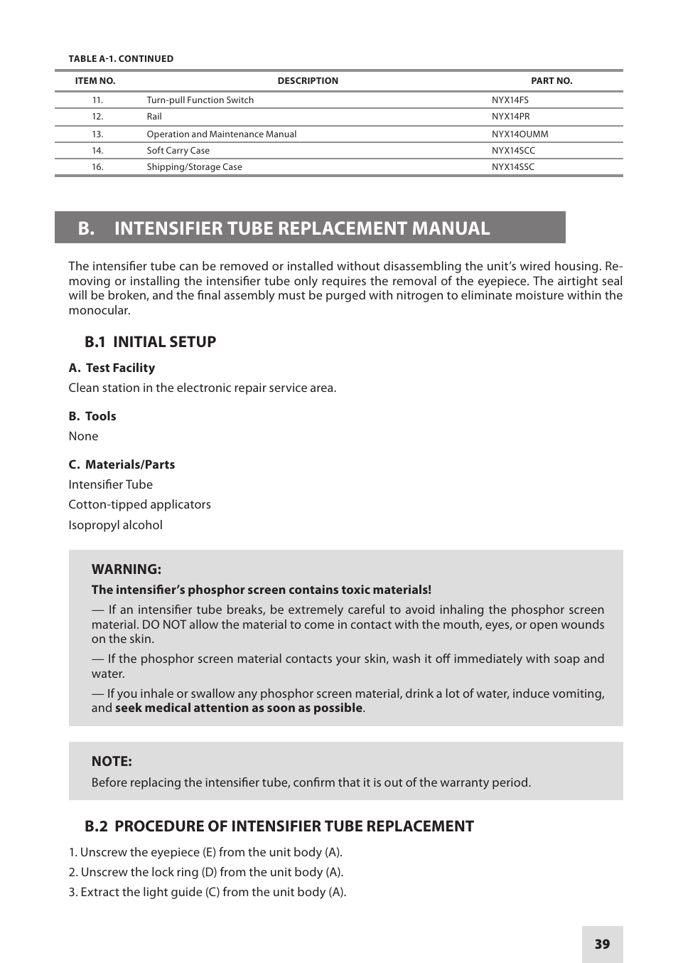 B. intensifier tube replacement manual, B.1 initial setup, B.2 procedure of intensifier tube replacement | Warning | Armasight NSMNYX1401F9DA1 NYX-14 FLAG MG Multi-Purpose Night Vision Monocular User Manual | Page 39 / 44