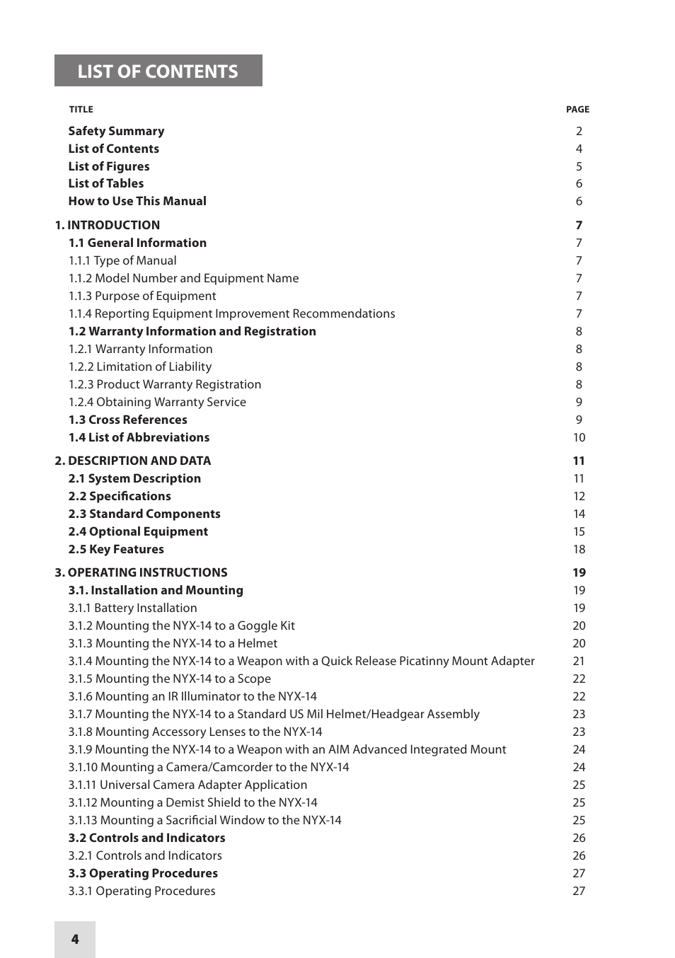 List of contents | Armasight NSMNYX1401F9DA1 NYX-14 FLAG MG Multi-Purpose Night Vision Monocular User Manual | Page 4 / 44
