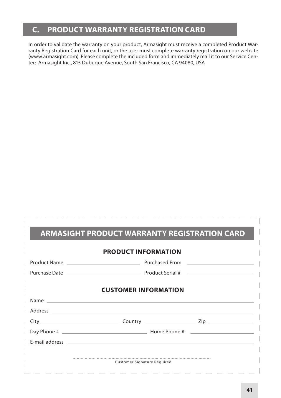 C. product warranty registration card, Armasight product warranty registration card | Armasight NSMNYX1401F9DA1 NYX-14 FLAG MG Multi-Purpose Night Vision Monocular User Manual | Page 41 / 44
