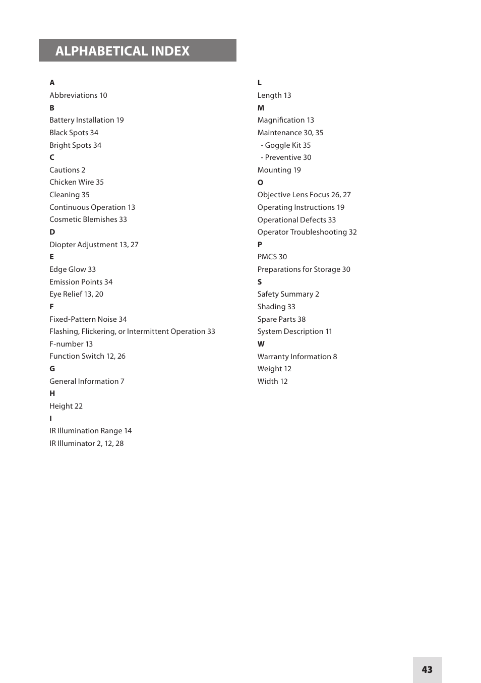 Alphabetical index | Armasight NSMNYX1401F9DA1 NYX-14 FLAG MG Multi-Purpose Night Vision Monocular User Manual | Page 43 / 44