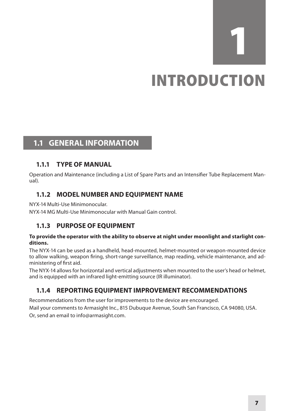 Introduction | Armasight NSMNYX1401F9DA1 NYX-14 FLAG MG Multi-Purpose Night Vision Monocular User Manual | Page 7 / 44