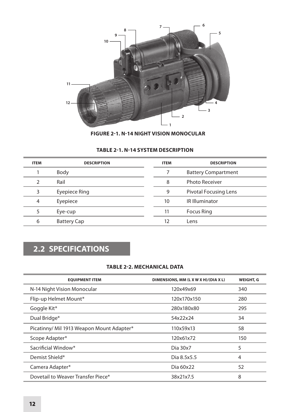 2 specifications | Armasight NSMN140001F6DA1 N-14 FLAG Multi-Purpose Night Vision Monocular User Manual | Page 12 / 44
